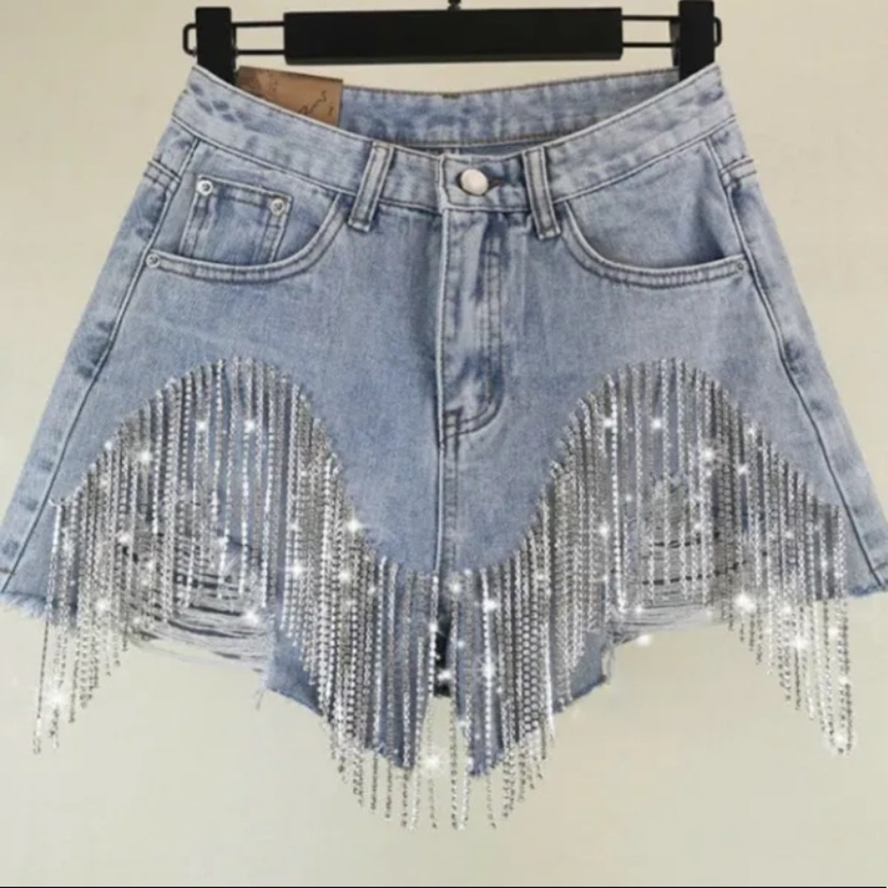 Lady Sequin Denim Shorts Rhinestone Tassel Fringe